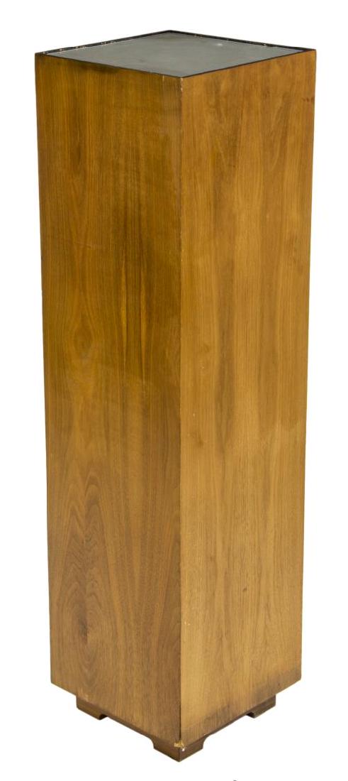 MODERN WALNUT VENEER LIGHTED DISPLAY PEDESTAL: Modern walnut veneer display pedestal, having smoked glass top, with light fixture to interior, on plinth base, wear and chipping to veneer, approx 44"h, 11.75"w, 11.75"d Start Price: $80.00