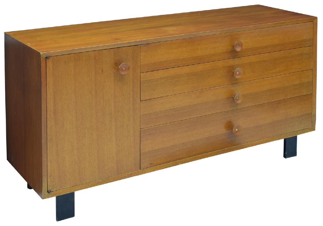 GEROGE NELSON HERMAN MILLER 4-DRAWER/ DOOR CHEST: Mid-century modern walnut chest, designed by George Nelson (United States, 1908-1986) for Herman Miller, four drawers at right, at left a single door opens to adjustable height shelf, rising on square