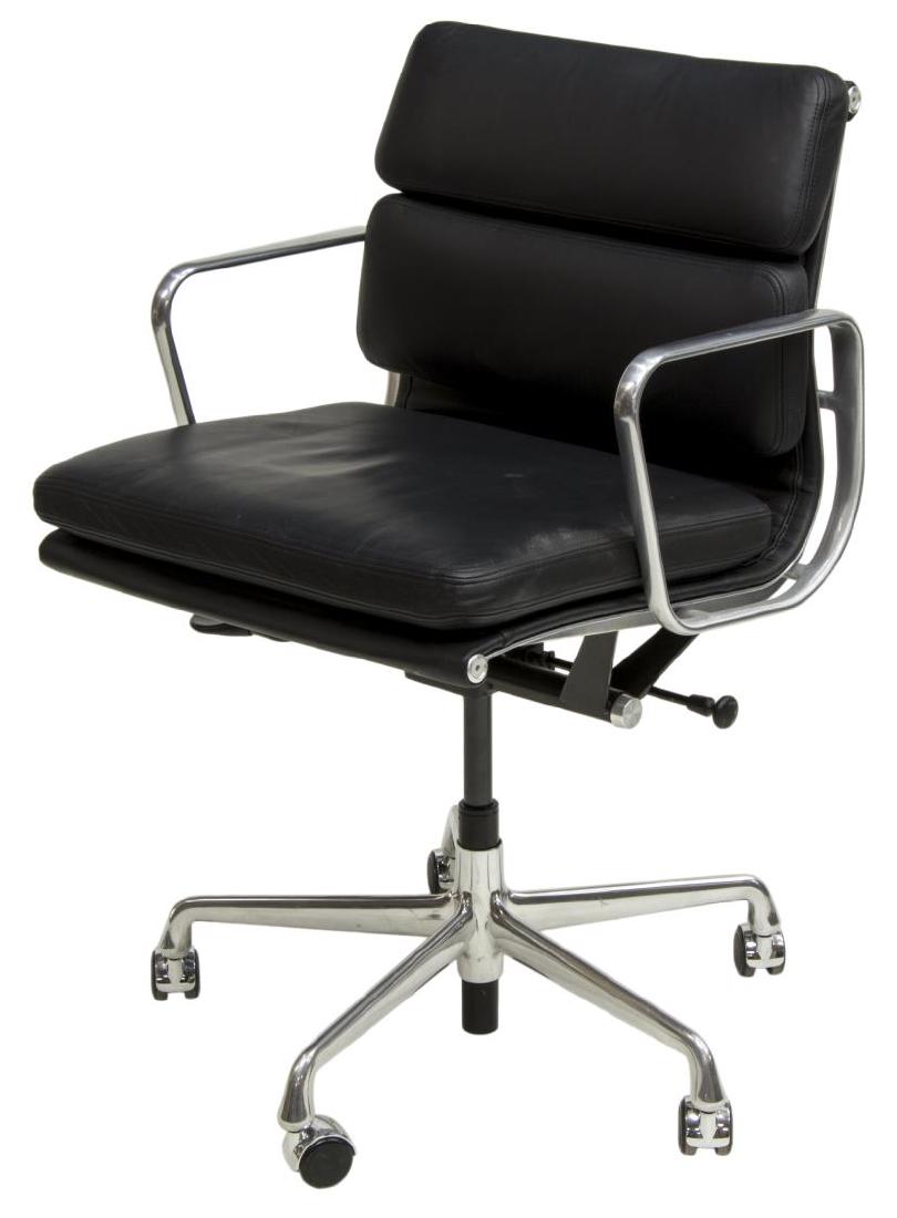 EAMES HERMAN MILLER SOFT PAD MANAGEMENT CHAIR: Eames Office Soft Pad Management Chair, designed by Charles Eames (United States 1907-1978) and Ray Eames (United States, 1912-1988) for Herman Miller, the swivel seat in black leather, with polished
