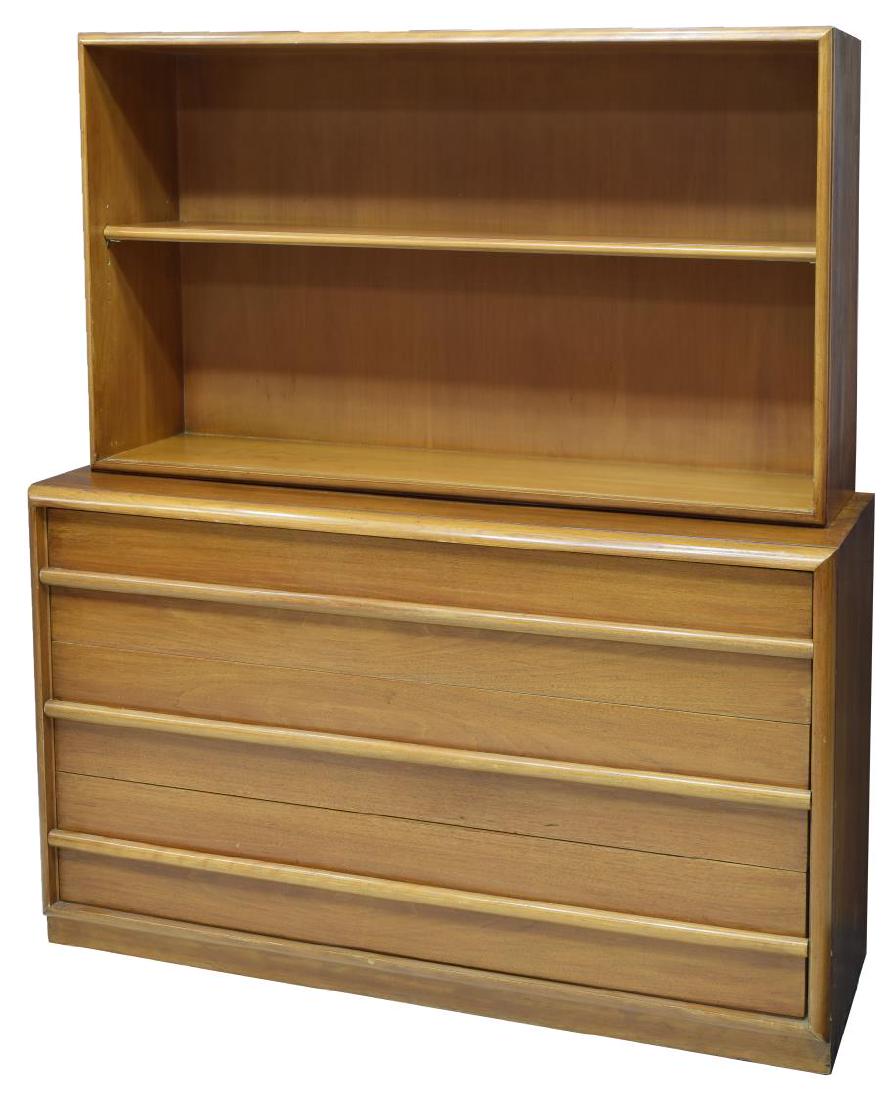 ROBSJOHN-GIBBINGS FOR WIDDICOMB CHEST OF DRAWERS: Mid-century modern chest of drawers with bonnet display, c. 1950, designed by Terence Harold Robsjohn-Gibbings (England, 1905-1976) for Widdicomb, upper case fitted with display shelf, over lower case