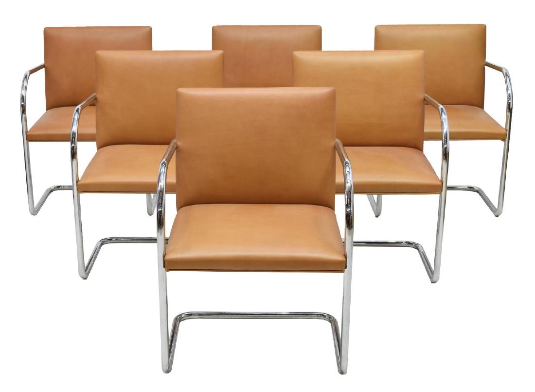 (6) MIES VAN DER ROHE KNOLL 'BRNO' LEATHER CHAIRS: (lot of 6) Mid-century modern "BRNO" armchairs, designed by Mies van der Rohe (Germany, United States, 1886-1969) for Knoll Inc, with brown leather upholstery on tubular chromed steel cantilever base,