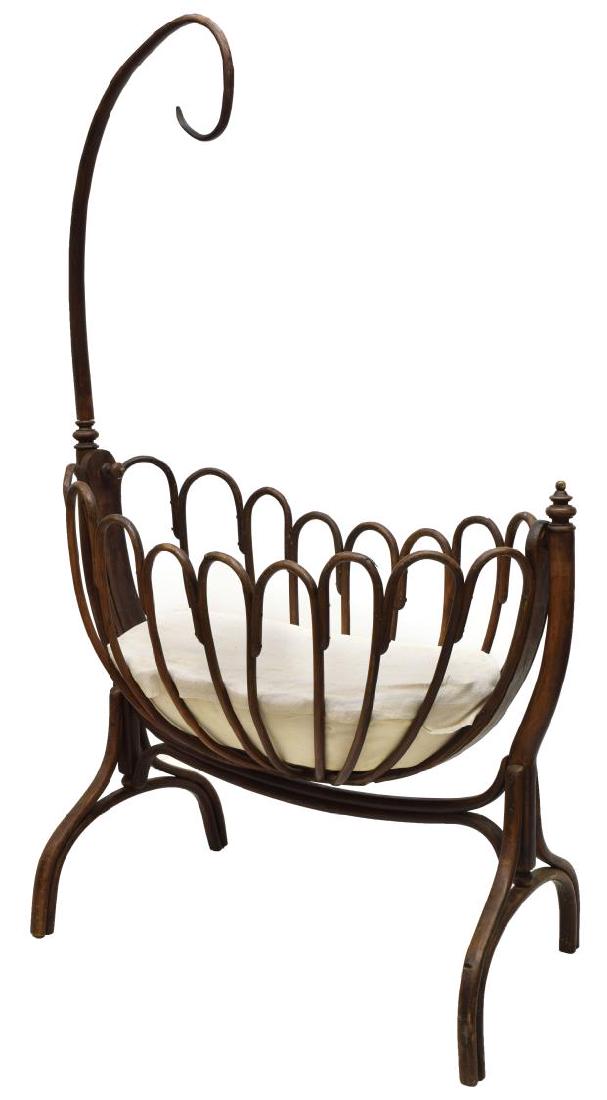 THONET BENTWOOD BABY CRADLE, EARLY 20TH C.: Thonet bentwood baby cradle, early 20th c., 76"h, (reduces to 43.75"h by removing canopy support), 47"w, 25"d Start Price: $500.00