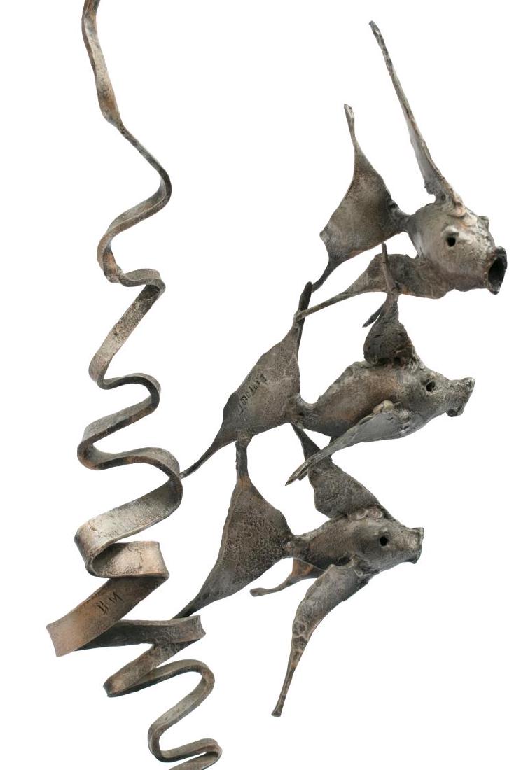 ITALIAN MODERNIST METAL FISH SCULPTURE: Metal fish sculpture, late 20th c., three fish with foliate tendril, over natural stone, mounted on circular base, fish stamped Bartolotti (?), base stamped Franco e Falistolo (?) and dated, approx 37