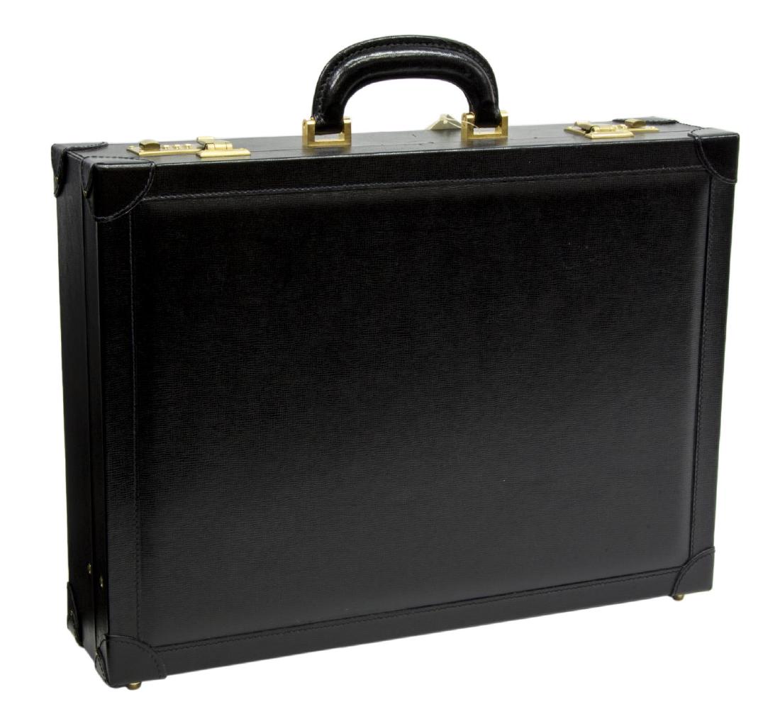 GENT'S MARK CROSS LEATHER ATTACHE/ BRIEFCASE: Gent's Mark Cross attache/ briefcase, in black textured leather, with brass hardware, fitted interior, new old stock, retaining retail tags and branded dust bag, approx 13.25"h, 18"w, 4.25"d, 6lbs Sta