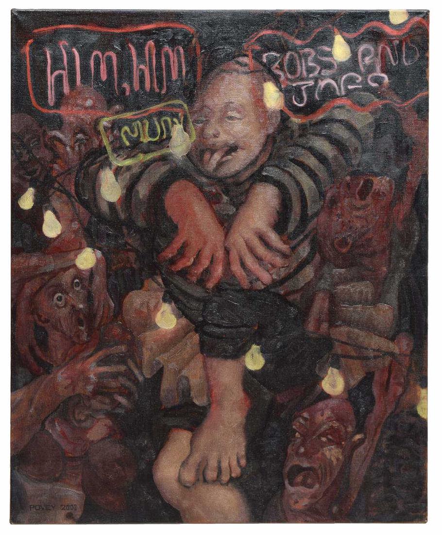 EDWARD POVEY (B.1951) OIL ON LINEN PAINTING: Oil on stretched linen painting, 2008, "Him, Him," dated and signed lower left Povey (Edward Povey, England, b. 1951), overall: 30"h, 24"w, 2lbs Start Price: $100.00