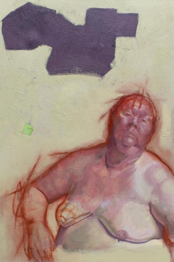 POVEY & SCHULTZ MIXED MEDIA ON LINEN PAINTING: Mixed media (oil, gypsum plaster) on stretched linen painting, 2016, "Figura Tenebris," dated, titled, and signed verso Povey and Schultz (Edward Povey, England, b. 1951) (Donna Tolar Schultz, United