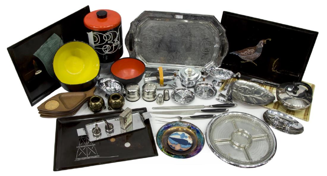 (LOT) ART DECO & MID-CENTURY CABINET & TABLEWARE: (lot) Art Deco and mid-century modern cabinet and tableware, highlights include: (pair) Dansk silverplate onions taper holders, designed by Jens Quistgaard (Denmark, 1919-2008), presented in branded b