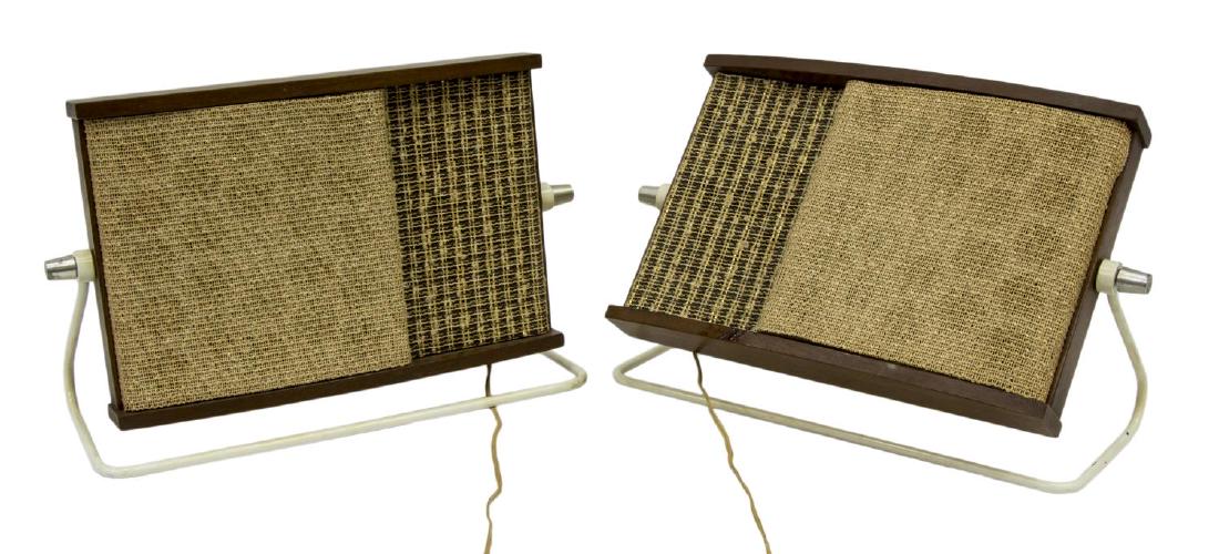 (PAIR) MID-CENTURY JENSEN 'GALLAXY II' SPEAKERS: (pair) Mid-century modern audio speakers, "Satellite S-21" from the "Galaxy II System" by Jensen Mfg. Co., untested, discoloration to plastic, approx 8"h, 11.5"w, 6"d; 7.5lbs total Start Price: $50.00