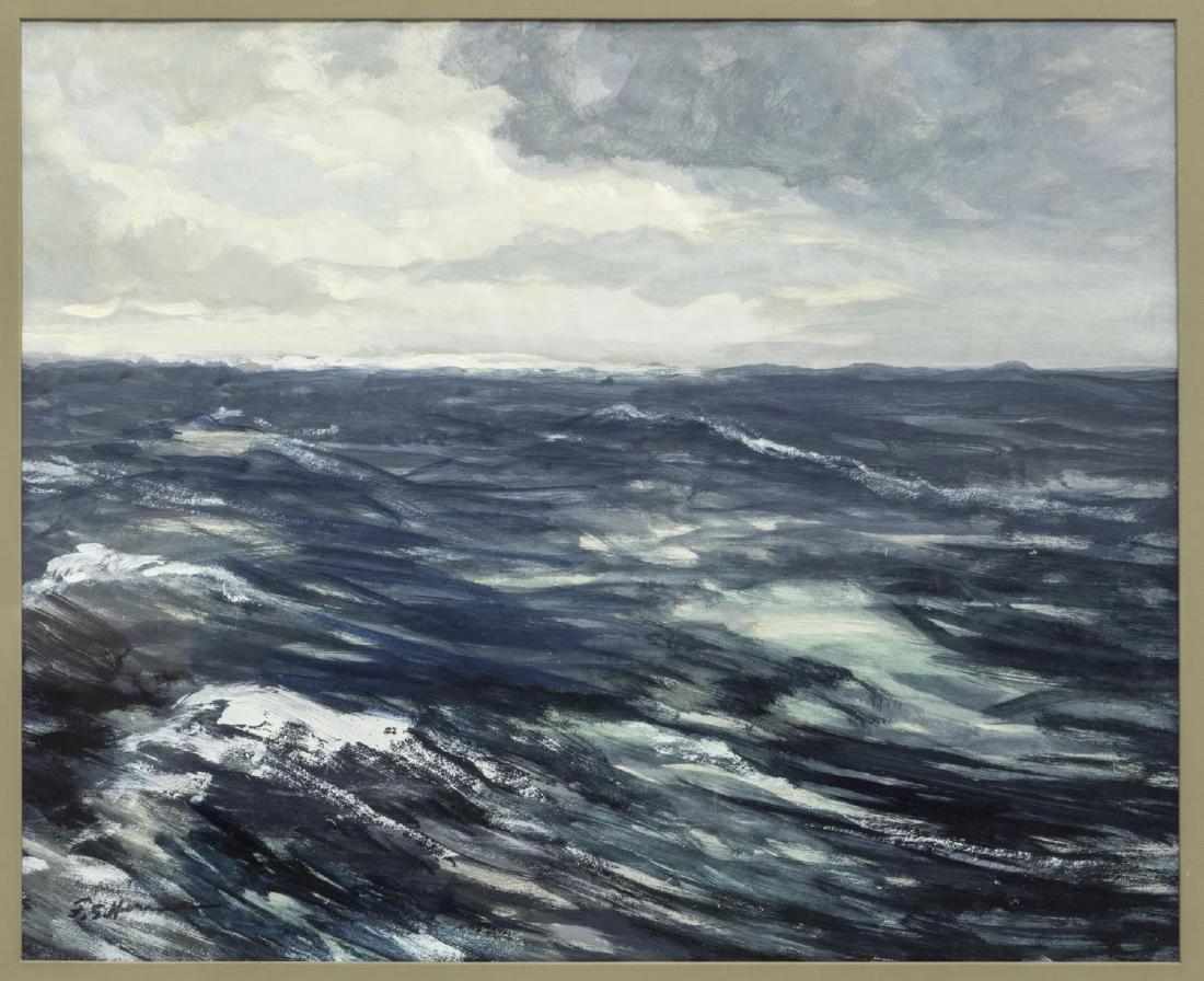 FRANK HERRMANN (NEW YORK, 1866-1942) OCEAN SWELLS: Framed gouache painting on paper, Ocean Swells, signed lower left F.S. Hermann (Frank Simon Herrmann, (New Jersey, New York, 1866-1942), sight: 12.75"h, 15.5"w, overall: 18"h, 22.5"w, 4lbs Start Price