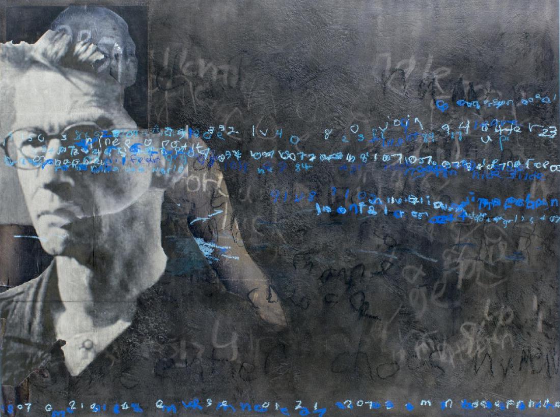 POVEY & SCHULTZ MIXED MEDIA ON PANEL PAINTING: Acrylic and mixed media on panel painting, 2017, "1984," unsigned, Povey and Schultz (Edward Povey, England, b. 1951) (Donna Tolar Schultz, United States, b. 1966), overall: 30"h, 39.75"w, 2"d,10.5lbs