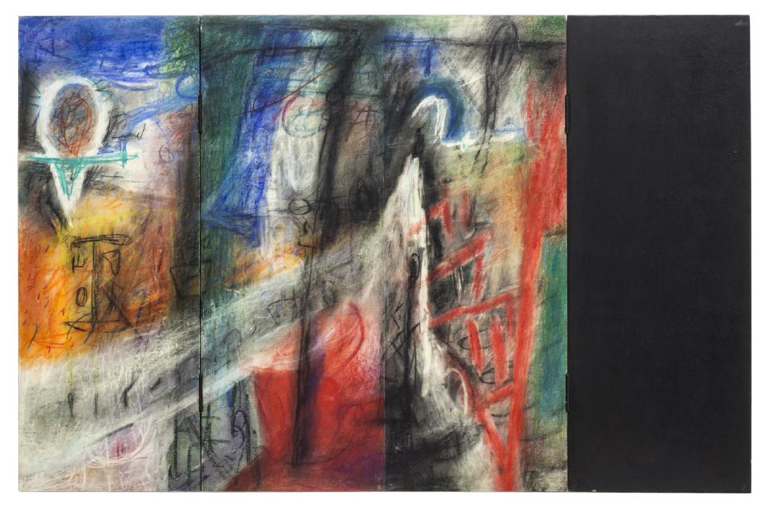 CARLOS TORRES (COLOMBIA) MIXED MEDIA TRIPTYCH: Mixed media (oil pastel, acrylic) triptych on board, 1989, "Triptyque No. 78," dated, titled, and signed verso Carlos Torres (Colombia, b. 1955), gallery label verso, closed: approx 25.75"h, 19.75"w,