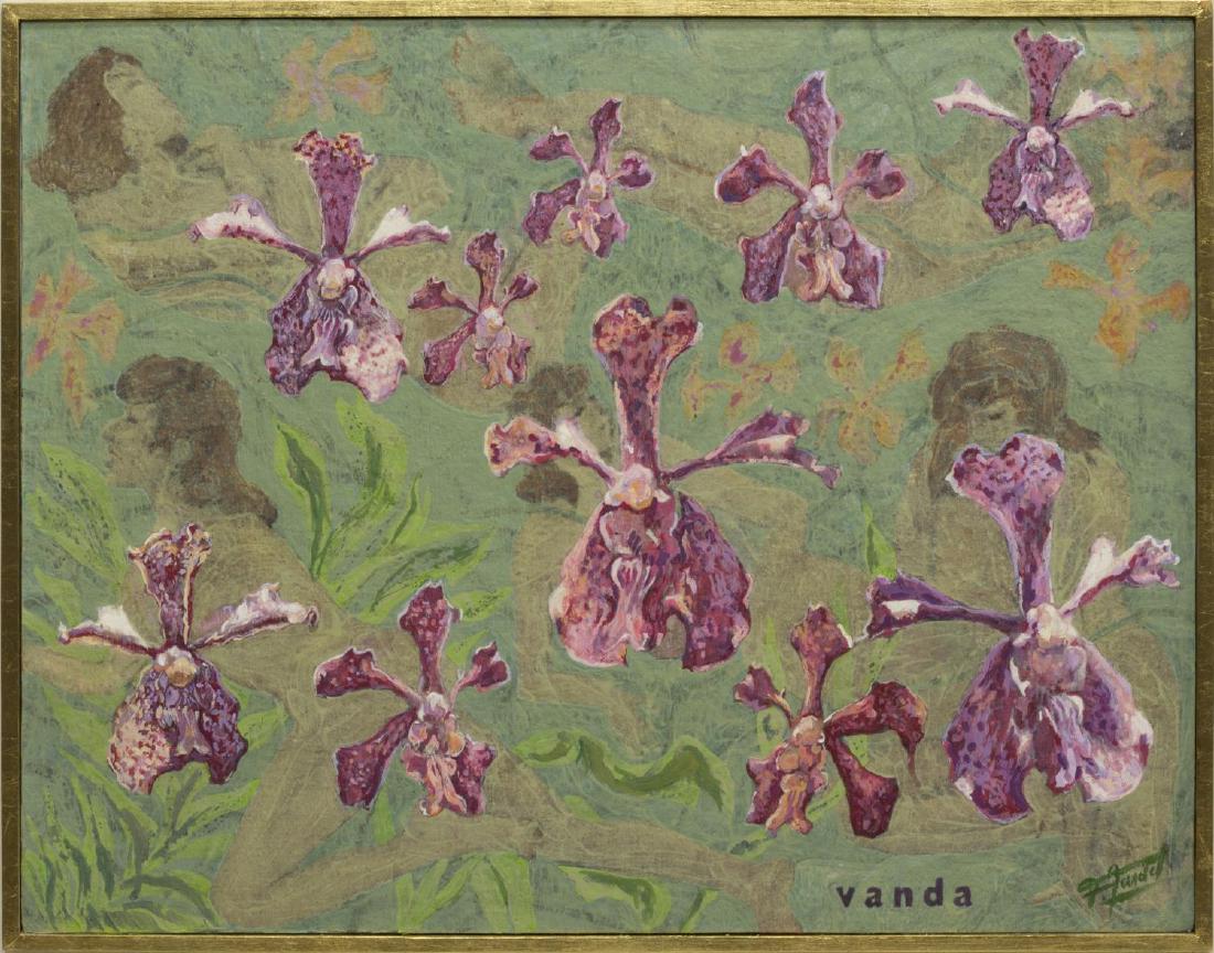 FELIPE GARDEL (MEXICO, B.1935) FRAMED PAINTING: Framed encaustic painting on board, "Vanda," signed lower right F. Gardel (Felipe Gardel, Mexico, b. 1935), depicting orchids and female figures, sight: 21"h, 27.25"w, overall: 28.25"h, 34.5"w, 12.5lb