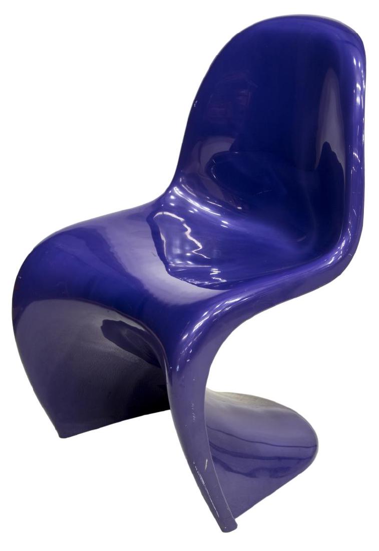 VERNER PANTON FOR HERMAN MILLER MOLDED CHAIR: Panton chair, designed by Verner Panton (Denmark, 1926-1998) for Herman Miller, purple molded plastic, impressed Herman Miller stamp to back of seat, approx 32.75"h, 20"w, 18"d Start Price: $100.00