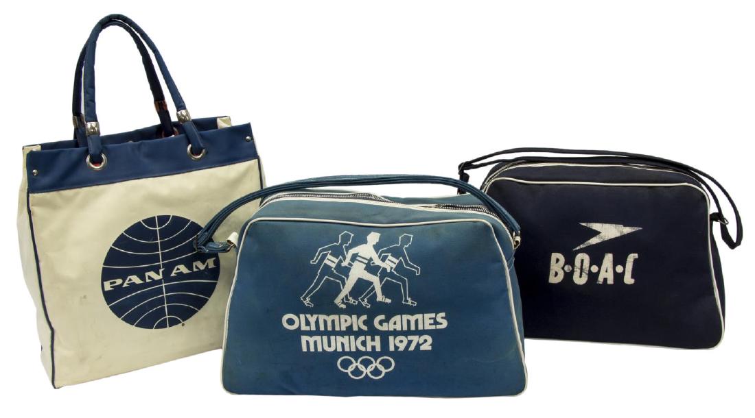 (3) VINTAGE TRAVEL FLIGHT BAGS, OLYMPICS, PAN AM: (lot of 3) Vintage travel flight bags, including: (1) Munich Olympic Games, c. 1972, in blue canvas, with white vinyl trim, single adjustable shoulder strap, double-sided logo, zip closure at top, som