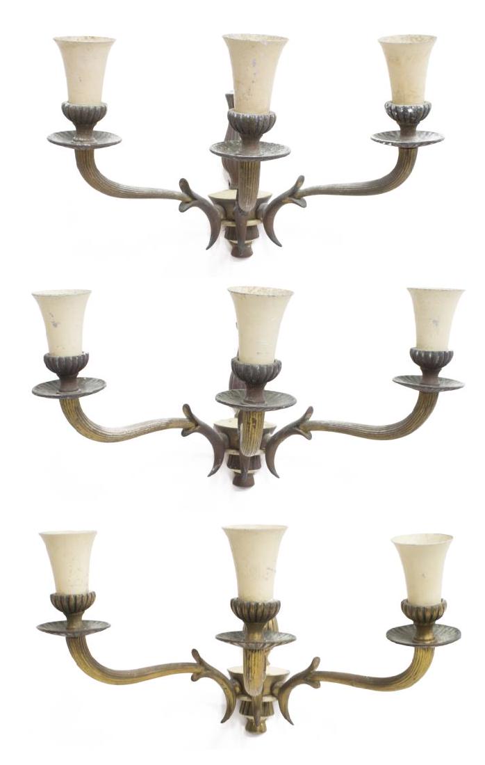 (3) ITALIAN PAINTED & METAL 3-LIGHT SCONCES: (set of 3) Italian design gilt and painted metal sconces, c. 1960's, three light holders of trumpet shape, resting on medallion plates, on curved ridged arms, with shaped back plate, in need of new wi