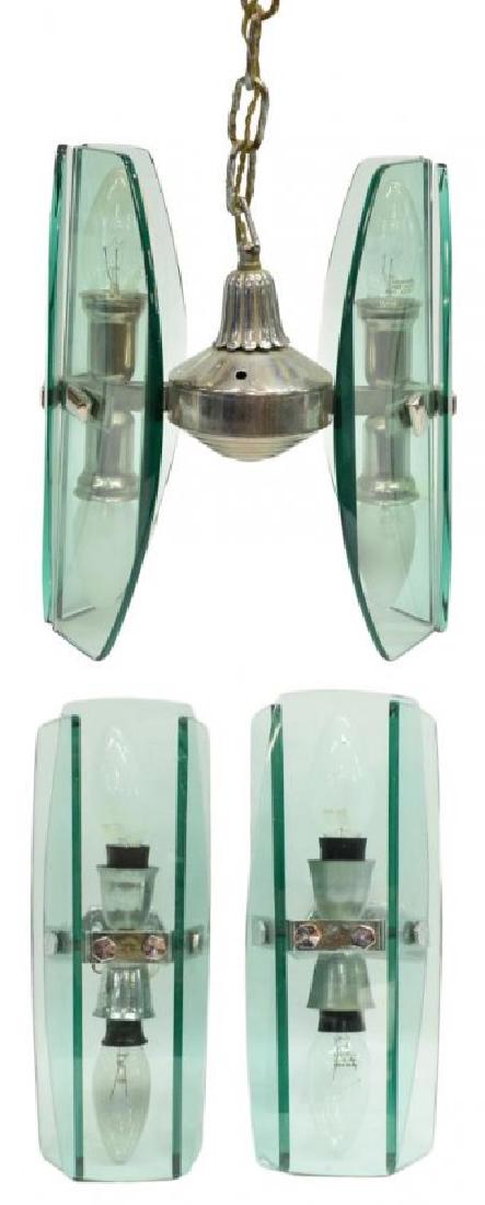 (3) MURANO GLASS CHANDELIER & WALL SCONCES: (lot of 3) Group of Murano glass lighting, c. 1970, comprising: (pair) Murano glass two-light wall sconces, lights enclosed by three glass panels, 10.5"h, 4"w, 3.75"d; (1) four-light chandelier, two c