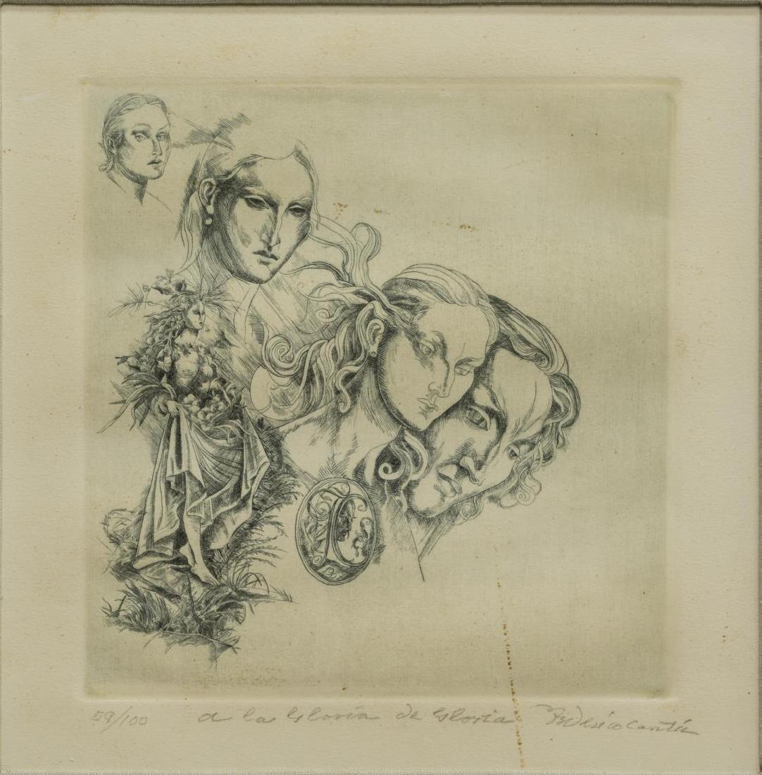FEDERICO CANTU (MEXICO, 1907-1989) FRAMED ETCHING: Framed etching on paper, "A la Gloria de Gloria," numbered 59/100, signed lower right Federico Cantu (Federico Cantu Garza, Mexico, California, 1907-1989), lacking glass, sight: 14.5"h, 14.5"w, overal