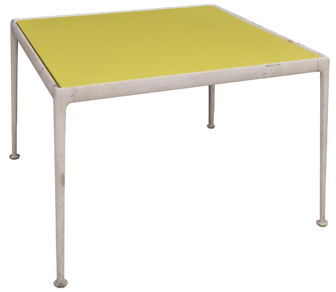 MID-CENTURY MODERN RICHARD SCHULTZ DINING TABLE: Mid-century modern painted metal table, c. 1960s, designed by Richard Schultz (United States, b.1926) for Knoll Industries, with yellow top centered in white frame, rising on square tapered legs, unma