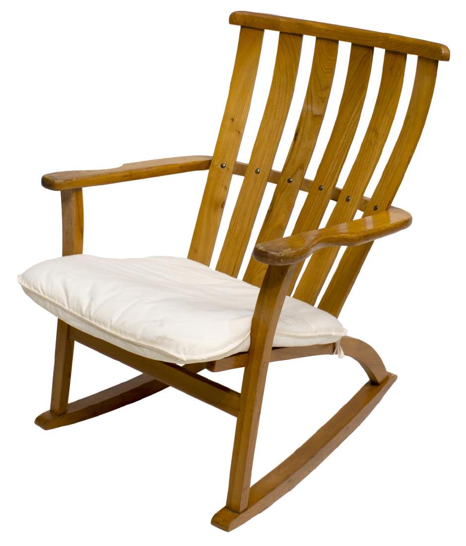 DANISH MODERN OAK SLAT-BACK ROCKING CHAIR: Danish oak rocking chair, mid 20th c., curved top rail, over slat back, shaped arms, plank seat with removable cushion, on rocking rails, approx 34"h, 25.5"w, 28"d Start Price: $80.00