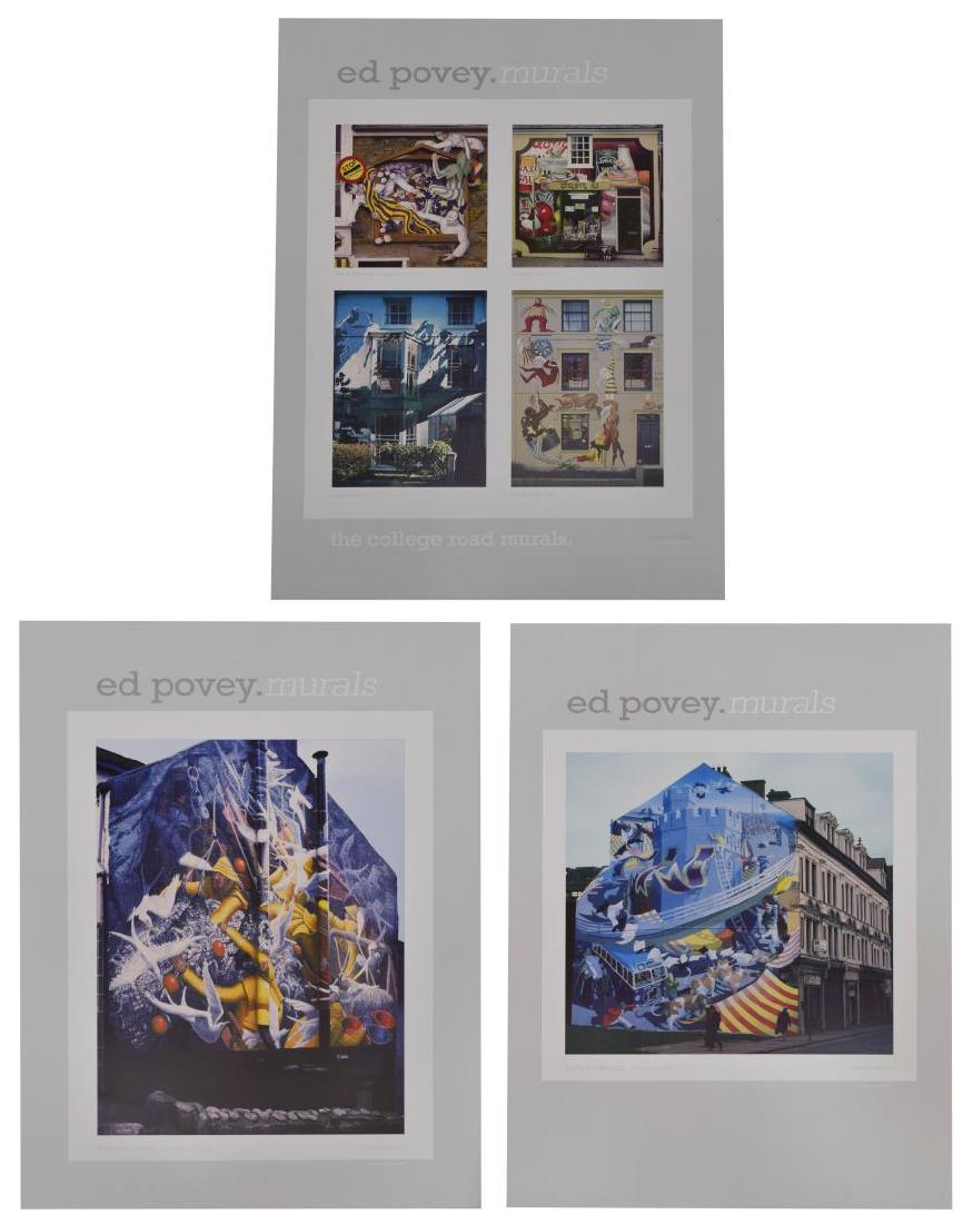 (37) EDWARD POVEY (B.1951) 'MURALS' FINE ART PRINT: (lot of 37) Edward Povey (England, b.1951) fine art prints, "Murals," sheet: 23.5"h, 16.5"w, including: (7) "Fishing," 1980, mural in Menai Bridge, Wales, (one) signed lower right, (6) "The College Ro