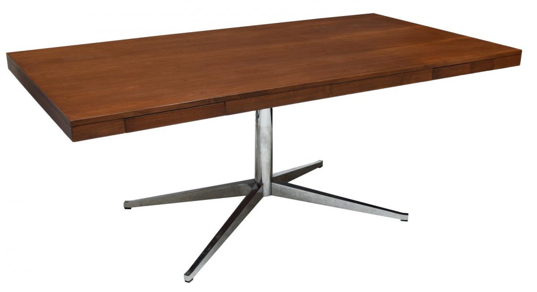 FLORENCE KNOLL 2485 PARTNERS DESK, C. 1961: Mid-century Partners Desk, c. 1961, Model 2485, design by Florence Knoll, wood top, with two drawers in apron, rising on chromed steel pedestal with four legs, unmarked, restored finish, approx 29.25"