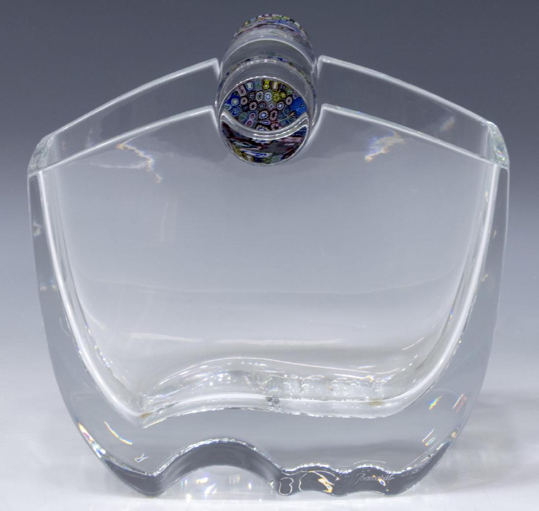 BACCARAT 'OCEANIE' MILLEFIORI CENTERPIECE VASE: Baccarat "Oceanie" centerpiece vase, c. 1993, designed by Thomas Bastide, colorless base with millefiori cylindrical topper, both pieces with acid-etched Baccarat mark, approx 8"h, 8.25"w, 4"d, 8.5lbs