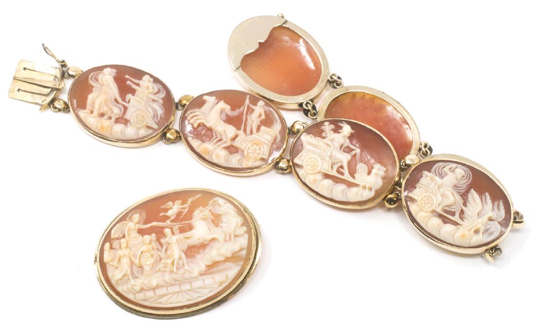 (2) ESTATE 14KT GOLD CAMEO SHELL BRACELET & BROOCH: (lot of 2) Estate 14kt gold and cameo shell jewelry group: (1) bracelet, the frame marked 585, fashioned with seven oval links set with carved cameo shell, depicting various classical chariot scenes, 