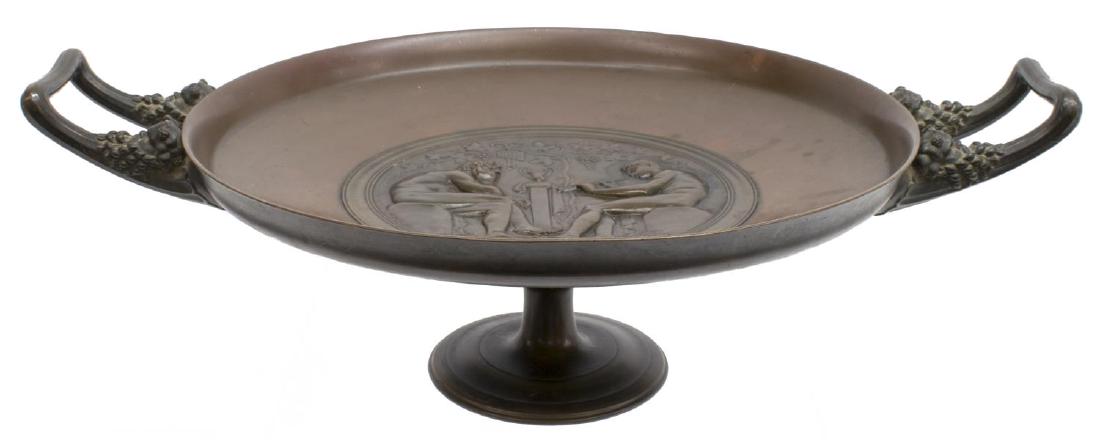 F. LEVILLAIN (1810-1905) BARBEDIENNE BRONZE TAZZA: French bronze tazza, late 19th c., "Menalcas and Mopsus," signed in cast F. Levillain (Ferdinand Levillain, France, 1837-1905), shallow bowl with central scene from Eclogue 5 of Virgil's "The Eclogues