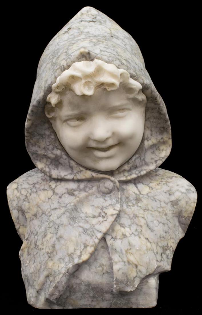 CONTINENTAL ART NOUVEAU ALABASTER & MARBLE BUST: Continental Art Nouveau sculpture, c. 1900, Bust of a Young Girl, with alabaster face, and variegated marble hooded cloak, approx 16.5"h, 11.5"w, 7"d, 45.5lbs Start Price: $200.00