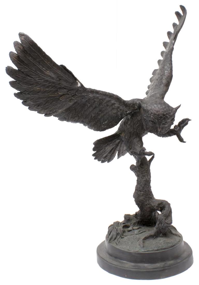 BRONZE SCULPTURE, HORNED OWL, AFTER MOIGNIEZ 26"H: Bronze recast sculpture, Great Horned Owl, after the original work by Jules Moigniez (France, 1835-1894), mounted on an integral bronze base, 26"h, 22.5"w, 9.5"d, Start Price: $200.00