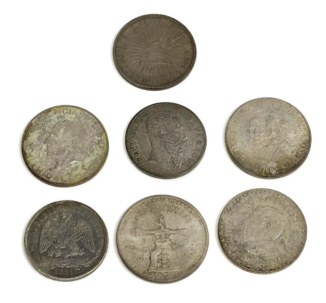 (7) MEXICO SILVER COINS, APPROX. 7 OUNCES: (lot of 7) Mexico silver coins: (1) 1866 Maximilian one peso; (1) 1871 Law one peso; (1) 1909 Liberty one peso; (1) 1949 Mexico one silver ounce; (1) 1956 Hidalgo ten peso; (1) 1957 Constitution ten p