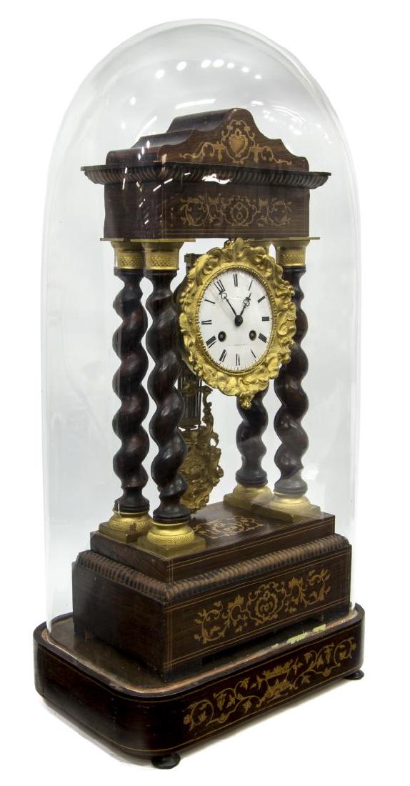 NAPOLEON III VINCENTI & CIE DOMED PORTICO CLOCK: French Napoleon III portico clock, mid 19th c., having rosewood case, with contrasting marquetry, barley twist supports, with gilt metal caps, circular white enamel face, with black Roman numerals, fa