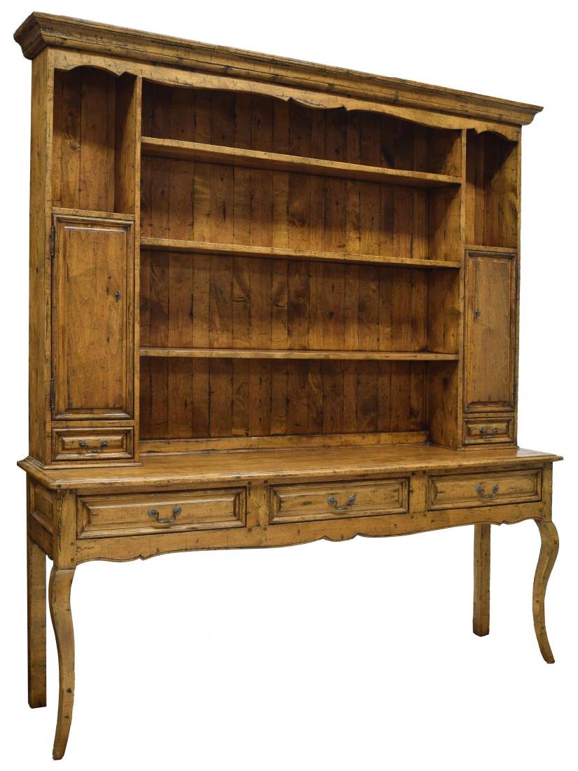 WELSH CUPBOARD GUY CHADDOCK MELROSE COLLECTION: Rustic hardwood Welsh cupboard from The Melrose Collection by Guy Chaddock & Co., Bakersfield, CA, the top fitted with open shelves, cabinets, and drawers, rising over three short drawers, rising on S