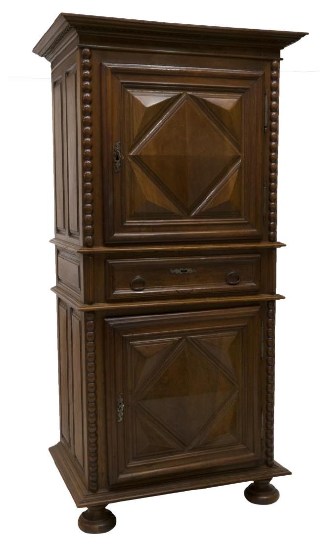 FRENCH LOUIS XIII STYLE WALNUT GENTLEMAN'S CHEST: French Louis XIII style walnut gentleman's chest, late 18th/ early 19th c., cornice top with dentil molding, over case with ball turned pilasters, fitted with two cabinets and single drawer, cabinets 