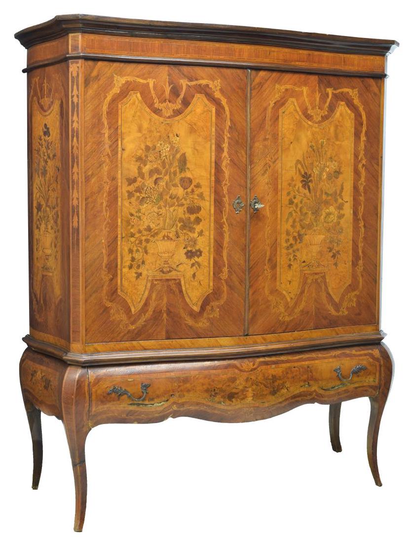 ITALIAN LOUIS XV WALNUT MARQUETRY BAR CABINET: Italian Louis XV style walnut finish bar cabinet, having floral marquetry design, the body fitted with a two-door cabinet with a lit interior with mirrored back, shelves, and drawers, all above a sing