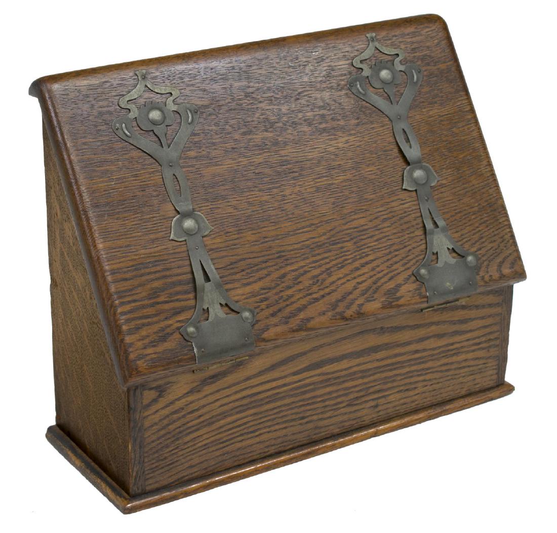 EDWARDIAN OAK LETTER BOX ART NOUVEAU HARDWARE: English oak letter correspondence box, c. 1900, top folds down on double hinges to interior with stepped openings for letters, jointed construction, Art Nouveau hardware on exterior front, some repair