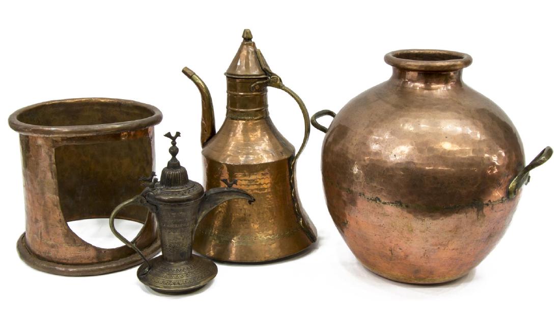 (4) GROUP OF HAMMERED COPPERWARE, EWERS, POT: (lot of 4) Group of copperware items, including: (2) ewers, (one) patinated and having applied bird accents with heavily incised designs, (one) hand-hammered; (set) hand-hammered copper pot with gilt 