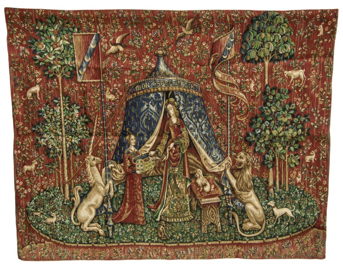 LADY AND THE UNICORN TAPESTRY, "A MON SEUL DESIR": Lady and the Unicorn tapestry, "Ã€ Mon Seul DÃ©sir", after the c. 1500 Flemish six part tapestry series based upon Paris designs of the same period, retaining the tag of Tapestries Ltd., North Ca