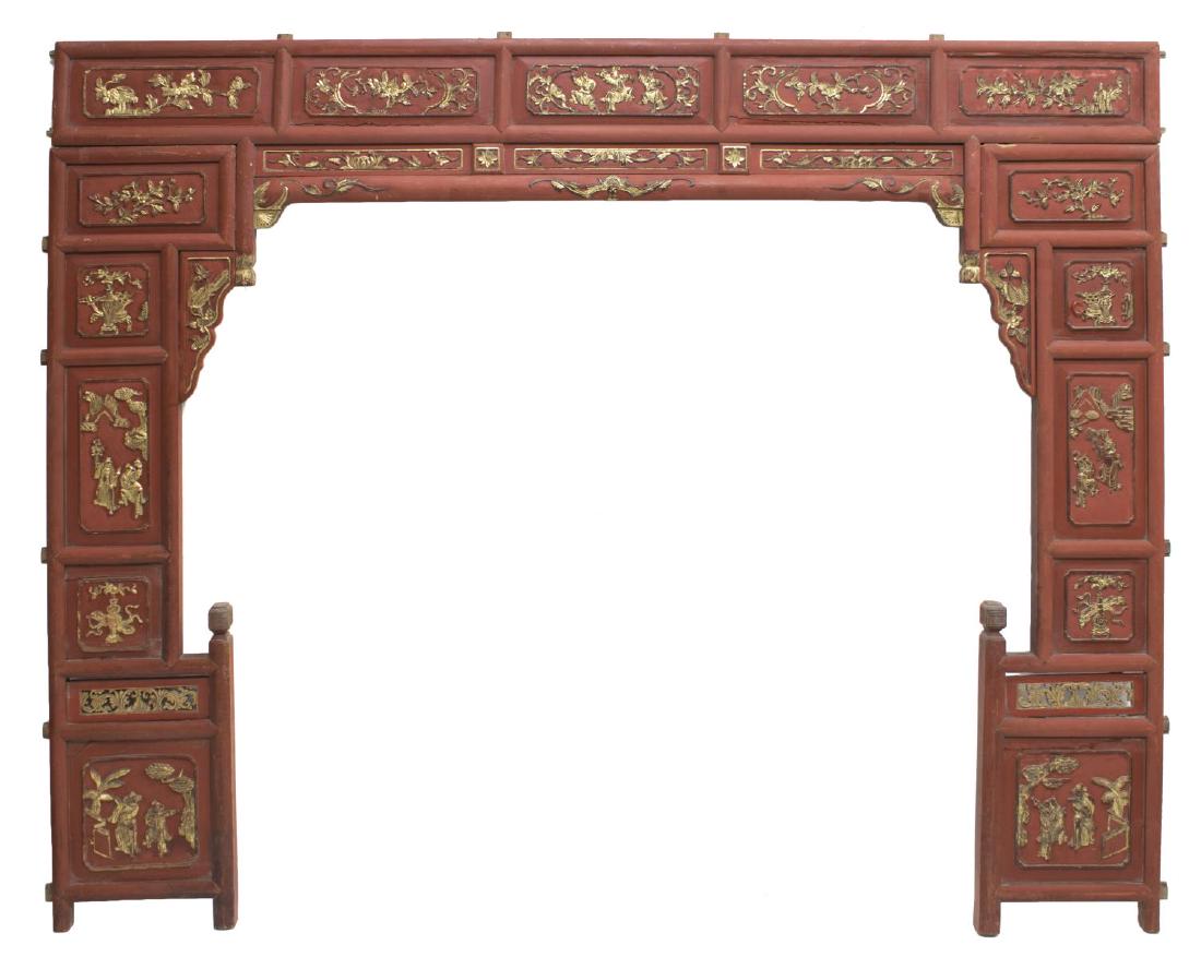 CARVED PARCEL GILT ARCHITECTURAL WEDDING BED PANEL: Carved parcel gilt architectural arched wedding bed panel, red painted ground, with carved animal, figural, and foliate reserves, scalloped sides to interior, wax seal to one side, approx 62.25"h, 79.