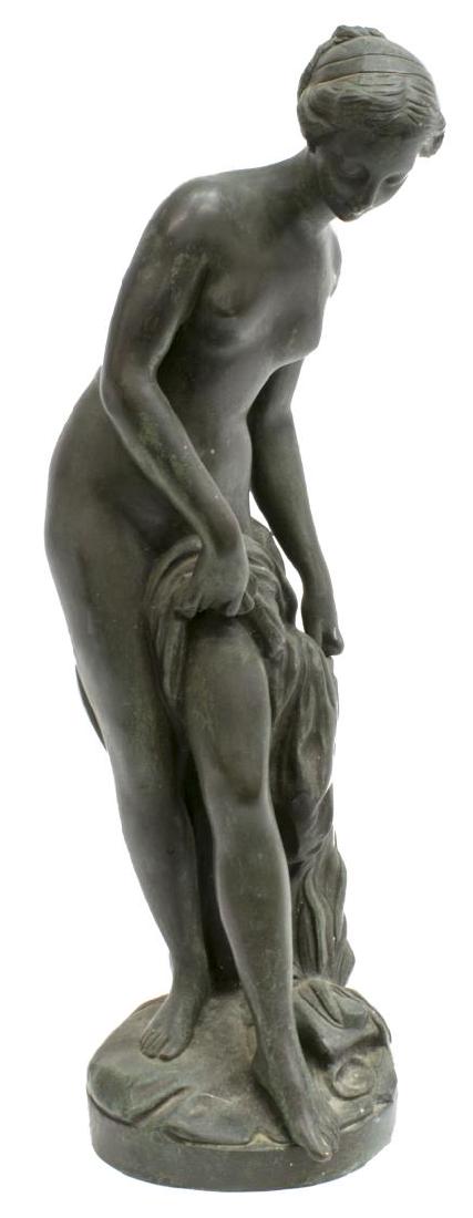 CONTINENTAL BRONZE 'VENUS AU BAIN' AFTER FALCONET: Continental patinated bronze sculpture, late 19th/ early 20th c., "Venus au Bain," signed in cast Falconet, after the 1767 marble sculpture by Etienne Maurice Falconet (France, 1716-1791), approx 16"h