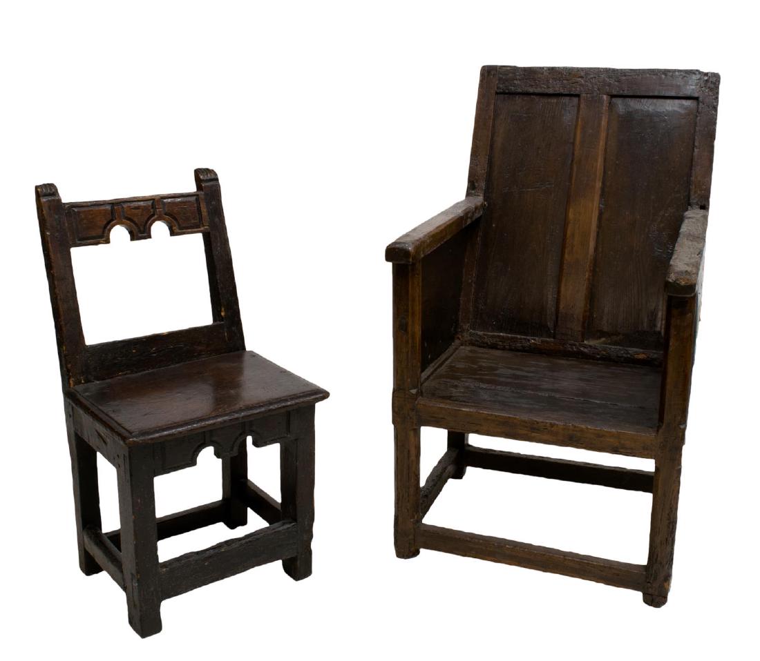 (2) RENAISSANCE REVIVAL CARVED OAK ARM/SIDE CHAIRS: (lot of 2) Renaissance revival carved oak chairs, c. 1800, rising on stretcher joined legs, including: (1) armchair, approx 41.5"h, 23.5"w, 25.5"d; (1) small side chair, having a carved top rail, appr