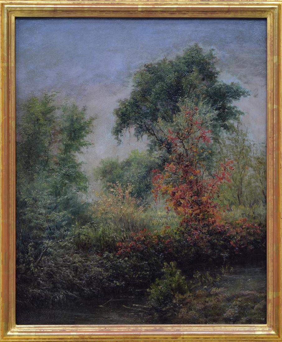 MARY AMANDA LEWIS (CAL, 1872-1953) OIL PAINTING: Framed oil painting on board, early 20th c., "Trees," unsigned, attributed to Mary Amanda Lewis (California, 1872-1953), centered in gilt Shawn Speck of Los Angeles frame, sight: 17.75"h, 14.5"w, over