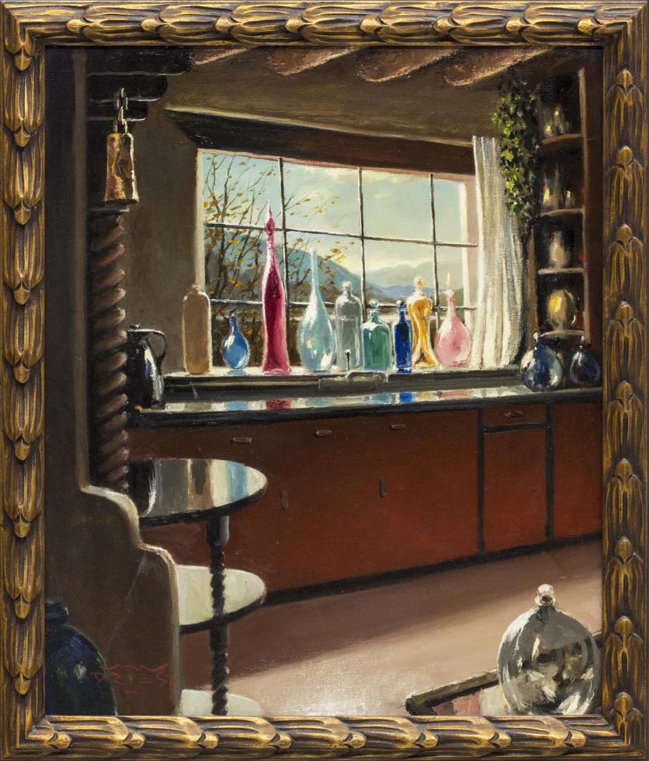 DIRK VAN DRIEST (NEW MEXICO, 1889-1989), "KITCHEN: Framed oil painting on canvas, "Kitchen", signed lower left Driest (Dirk Van Driest, Indonesia, New Mexico, 1889-1989), titled at verso, sight: 23.25"h, 19.25"w, overall: 30'h, 26"w, 7.5lbs