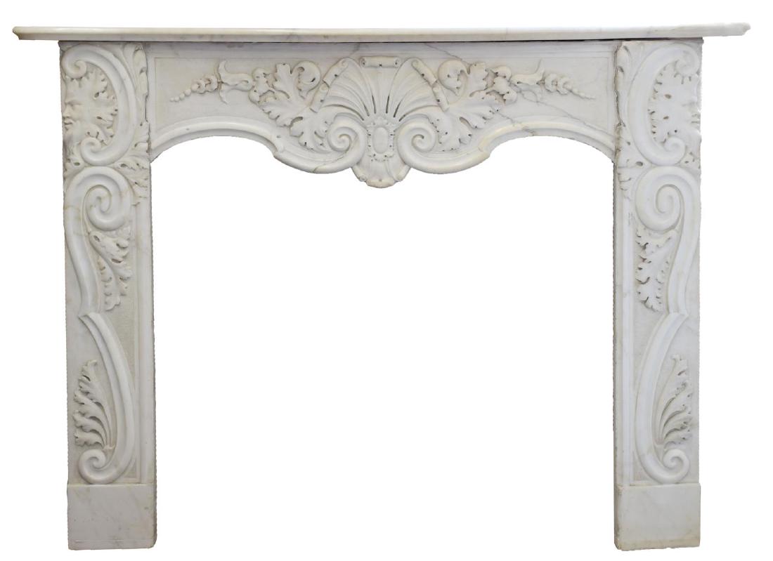 ANTIQUE ITALIAN WHITE MARBLE FIREPLACE MANTLE: Italian white marble fireplace mantle, 19thc., faced with scrolled pendants and foliate masks in profile, central foliate and stylized ornamentation, approx 43"h, 58"l, 11"d Start Price: $800.00