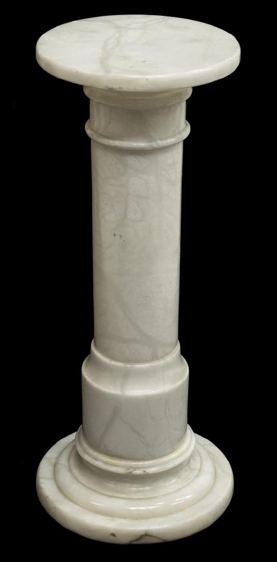 LIGHTED ALABASTER COLUMN PLANT STAND/PEDESTAL: Lighted alabaster plant stand/pedestal, a removable circular top over a cylindrical standard, rising on a stepped circular foot, light fixture to interior of standard, in need of wiring, 24.75"h, 10.5