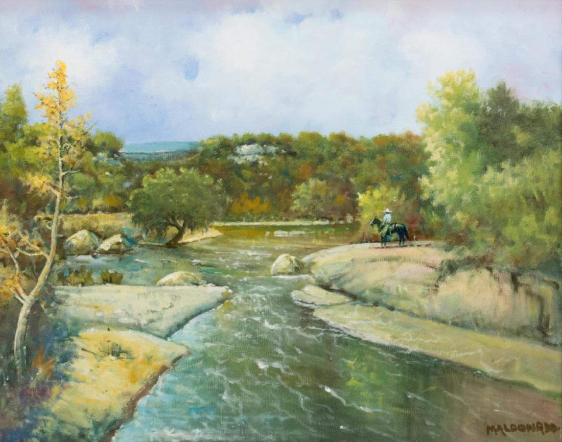 DANIEL MALDONADO (20TH/21ST C.) RIVER HORSEMAN: Framed oil painting on canvas, Facing the River, signed lower right Maldonado (Daniel Maldonado, Texas, 20th/21st c.), sight: 15.5"h, 19.5"w, overall: 24.5"h, 28.5"w, 6.5lbs Start Price: $200.00