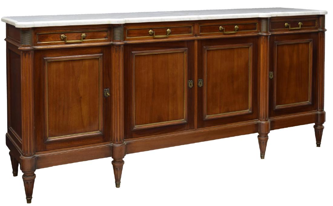 LOUIS XVI STYLE MAHOGANY AND MARBLE TOP SIDEBOARD: Louis XVI style mahogany sideboard, early 20th c., the shaped grey marble top over a conforming base with gilt brass hardware, fitted with four short drawers and three cabinets with shelves to the int