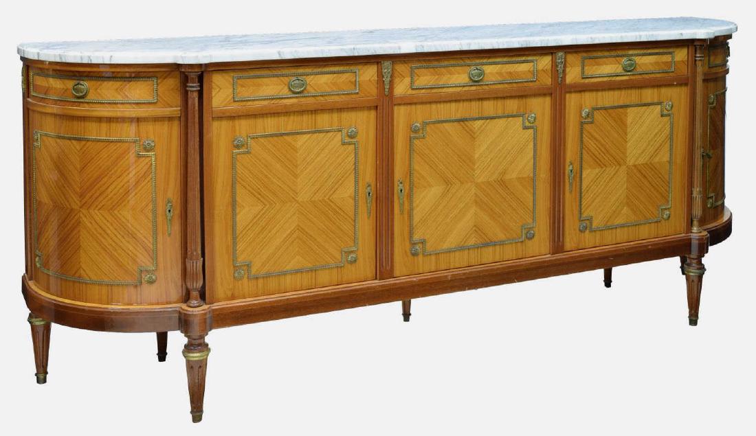 FRENCH LOUIS XV STYLE MARBLE TOP SIDEBOARD: French Louis XV style marble top sideboard, 20th c., curved end marble over five frieze drawers above five doors, all rising on tapered turned legs with brass capped feet, 40.75"h, 98.5"w, 22"d Start 