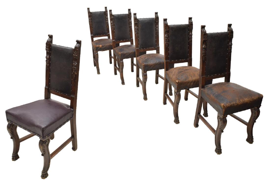 (6) ITALIAN RENAISSANCE REVIVAL DINING CHAIRS: (lot of 6) Italian Renaissance Revival carved hardwood dining chairs, the scroll and acanthus finials over leather upholstered back and seat with nail head accents, rising on curved stretcher joined p