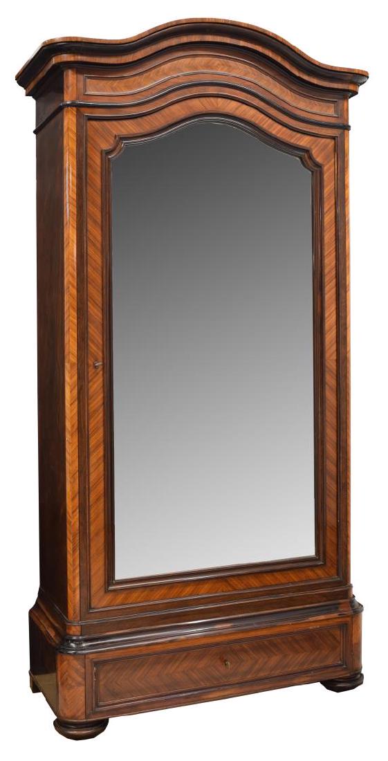 FRENCH FIGURED MAHOGANY FINISH ARMOIRE, 19TH C.: French figured mahogany finish armoire, late 19th c., the cupid's bow corniced top over a cabinet door with a beveled mirror front, single drawer and shelves to the interior, a single long drawer fitt